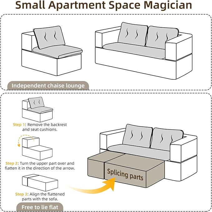 80" Foldable Floor Couch, 3-Seat Convertible Sleeper Sofa with Chaise Lounge, Blanket and 3 Soft Pillows, Corduroy Fabric, for Living Room, Bedroom, Apartment, No Assembly Required, Beige