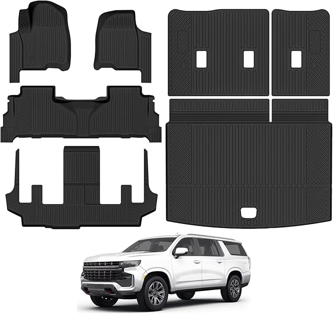 Floor Mats Fit for Chevy Suburban/GMC Yukon XL 2021-2024 7 Seats 2nd Row Bench Seat Trunk Mat & 2nd/3rd Backrest Mats Replacement All Weather for Chevrolet Suburban Floor Liner Accessories