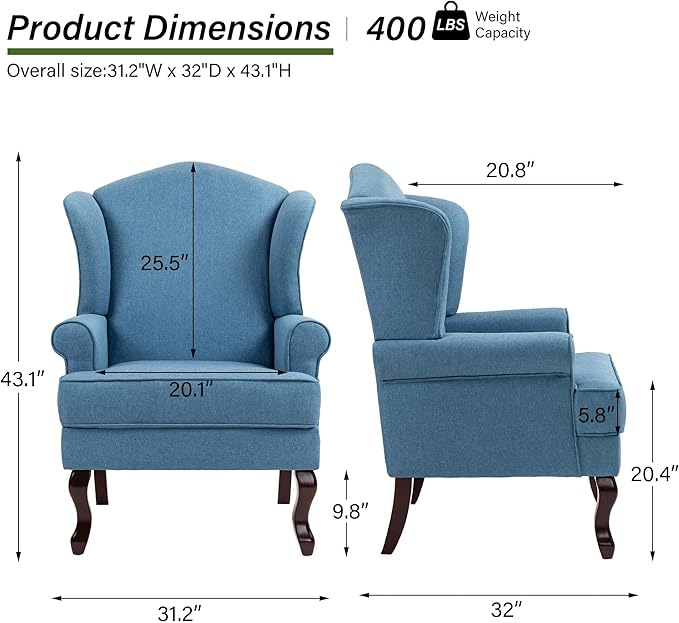 DREAMSIDEA Accent Chair, High Back Upholstered Armchair with High Resilience Sponge & Wood Legs, Mid-Century Modern Comfy Single Sofa Reading Chairs for Living Room, Bedroom (Blue, Set of 2)