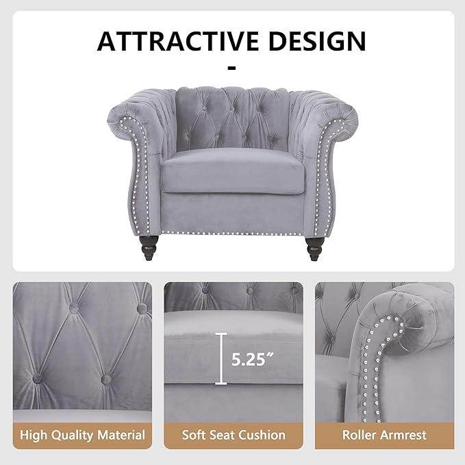 QHITTY Accent Chair, Chesterfield Chair Modern Velvet Upholstered Chairs with Tufted Back for Living Room Furniture (Grey)