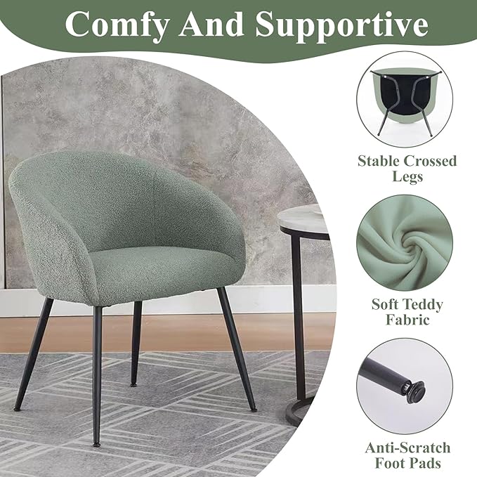 Modern Small Accent Chair Set of 4, Comfy Sherpa Makeup Vanity Chair with Metal Legs, Decorative Dining Chair no Wheels for Living Room, Dressing Room, Bedroom, Green