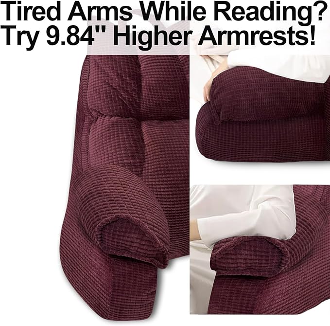 RRPAHWTV Reading Pillow for Bed with High Arm Rests,Back Support Pillow for Sitting Up in Bed with Shredded Memory Foam for Reading, TV, Gaming or Relaxing on Floor（Plum，Small）