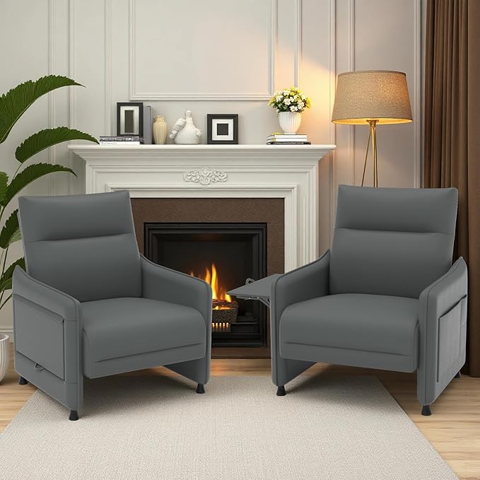 Tbillionnext Upholstered Accent Sofas Set of 2, Modern Faux Leather Sofa Chairs with Hidden Foldable Tray & Side Pocket, Rear Contour Arm Design, Small Accent Sofas for Living Room, Gray