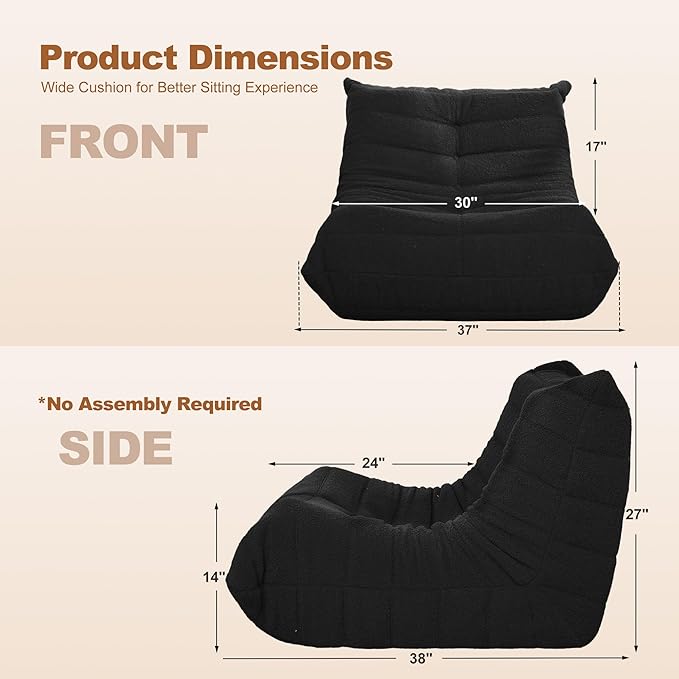 Bean Bag Chair Big Sofa Beanbag Chair for Adults Fireside Chair Bean Bag Lounger with Memory Foam Filled for Home,Apartment or Gaming Venue(Black Teddy)