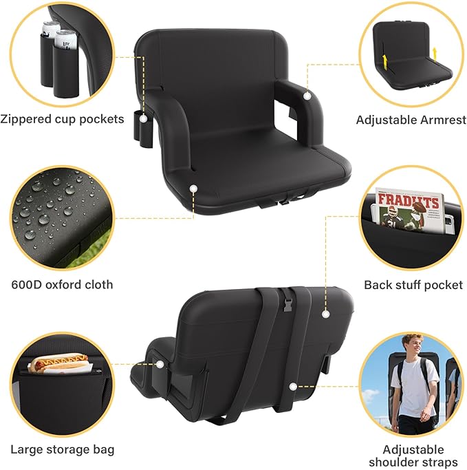 DEKEMASTER Stadium Seats with Back Support - Portable Bleacher Chairs with Back and Cushion, 6 Adjustable Positions Pdded Bleacher Seat for Sport Events Camping Fishing