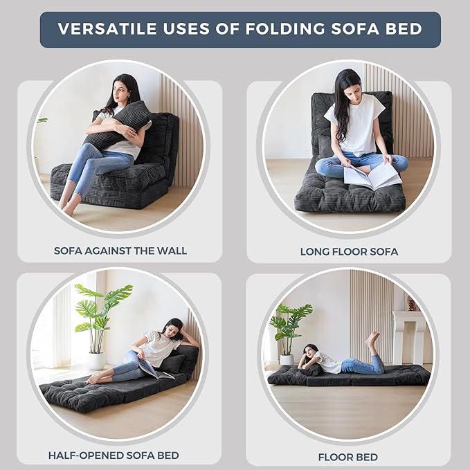 MAXYOYO Bean Bag Bed Tufted Folding Sofa Bed with Pillows Floor Mattress for Adults, Extra Thick and Long Floor Sofa, Single Couch for Bedroom Living Room, Dark Grey, 30x91 Inch