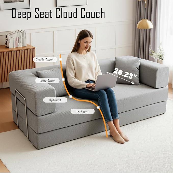 79 Inch Convertible Sofa Bed Couch in Box, 5 in 1 Folding Modular Boneless Couch with Pull Out Bed 2 Pillows, Soft Corduroy Floor Futon Lounge Loveseat Sleeper Lazy Cama No Assembly Light Grey