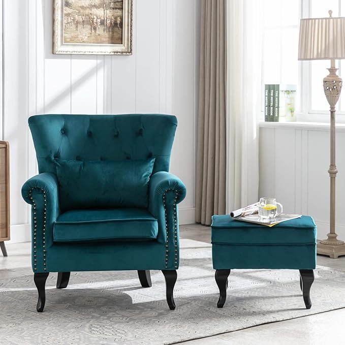 Janoray Mid Century Modern Accent Chair Upholstered Armchair Comfy Velvet Tufted Wingback Single Sofa with Ottoman for Bedroom Living Room, Teal