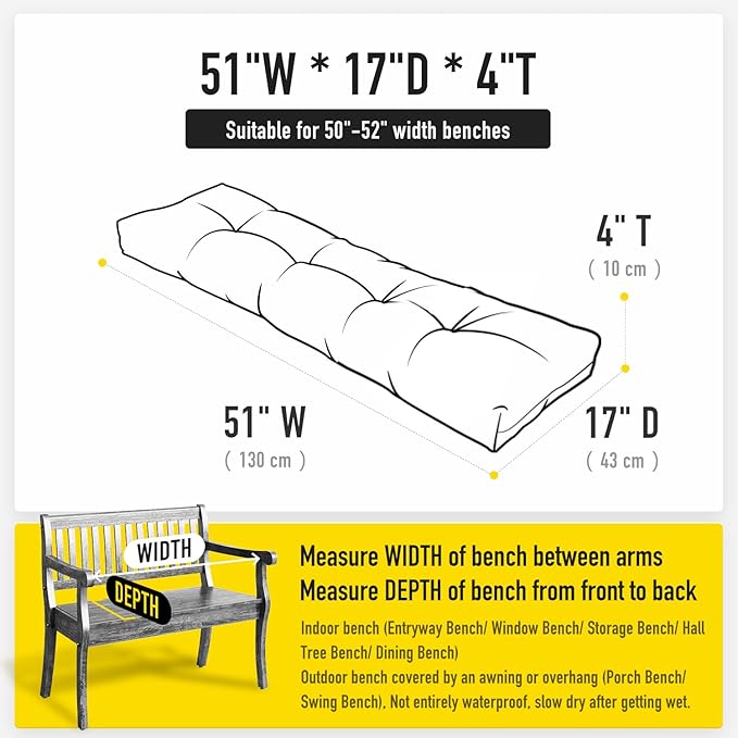 SUNROX LokGrip Non Slip Tufted Memory Foam Bench Cushion, FadeShield Water Resistant Durable Thicken Outdoor/Indoor Bench Seat Pads 51x16x4 inch, Heather Charcoal
