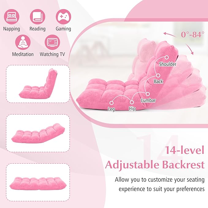 ARLIME Adjustable Floor Chair, 14-Position Lazy Sofa Chair with Back Support & Thick Padding, Portable Foldable Floor Couch for Adults, Kids, Use in Bedroom, Living Room, Home Theater (Pink)