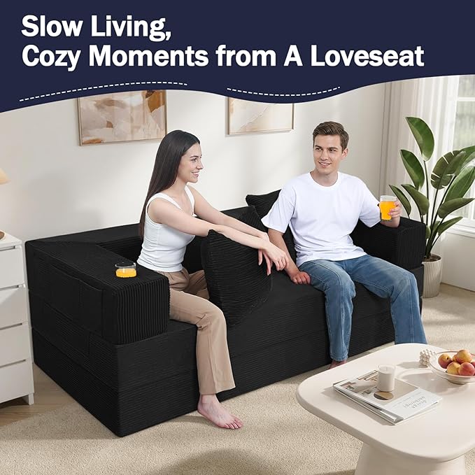 COMAX Futon Sofa Bed Queen, 79" Convertible Sofa Bed Couches for Living Room, 4 in 1 Folding Boneless Sleeper Corduroy Couch Loveseat Foam In a Box, Foldable Comfy Lounge Fold Out Floor Mattress Black