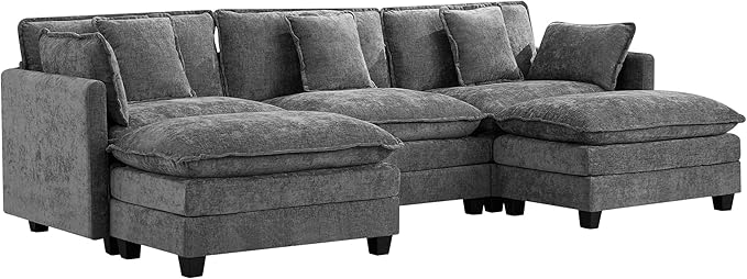 UMBFUN 3-Seater Cloud Couch with 2 Ottomans, Oversized Modular Sectional U Shaped Sofa with Deep Seat Cushions, Comfy Chenille Couch for Living Room, Grey