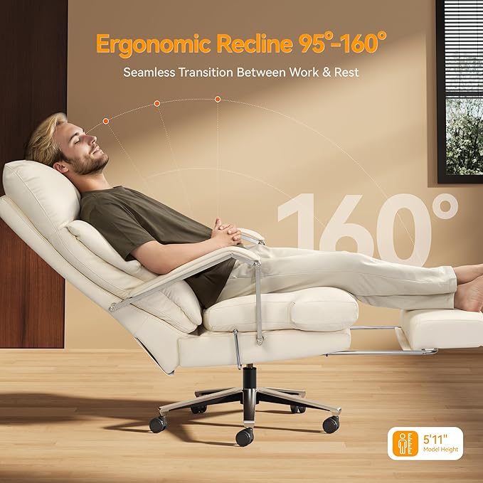 M76 Recline Office Chair with Footrest, 160° Infinite Reclining 10" Thick Executive Desk Chair, 420lb Heavy Duty Big and Tall, Adjustable Seat Depth, Cream