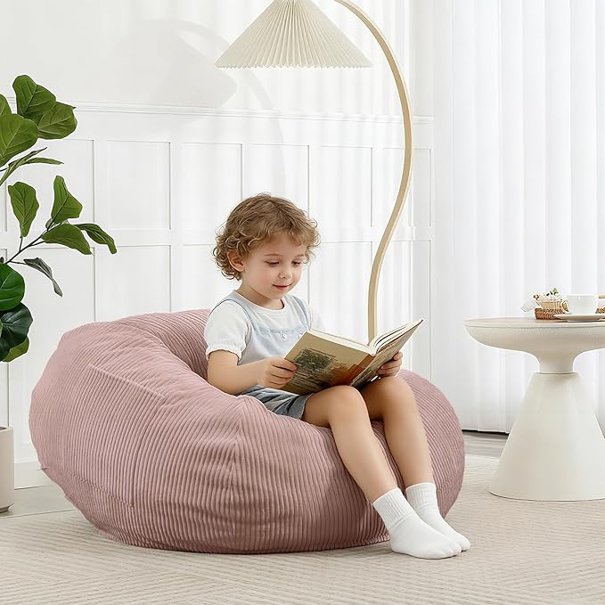 Bean Bag Chair with Corduroy Cover and Memory Foam Filled for Teens and Kids, Small Comfy Fluffy Floor Chair for Living Room Bedroom (Pink, 2.5FT)