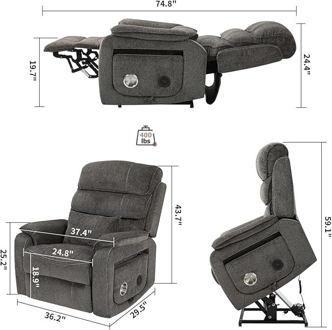 Large Recliner Chair for Elderly | 6ft Tall and Big Man 400lbs | Chenille | Power Lift, Lay Flat, Stand Up, Wireless Charging Device, Extended Footrest, Massage Heat, Cup Holder, Lumbar Pillow