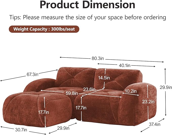 Modular Sectional Sofa with Free Combination,Boneless Floor Couch for Small Spaces, Living Room & Lounge,Velvet 2-Seater Sectional Couch with Ottoman,No Assembly Needed