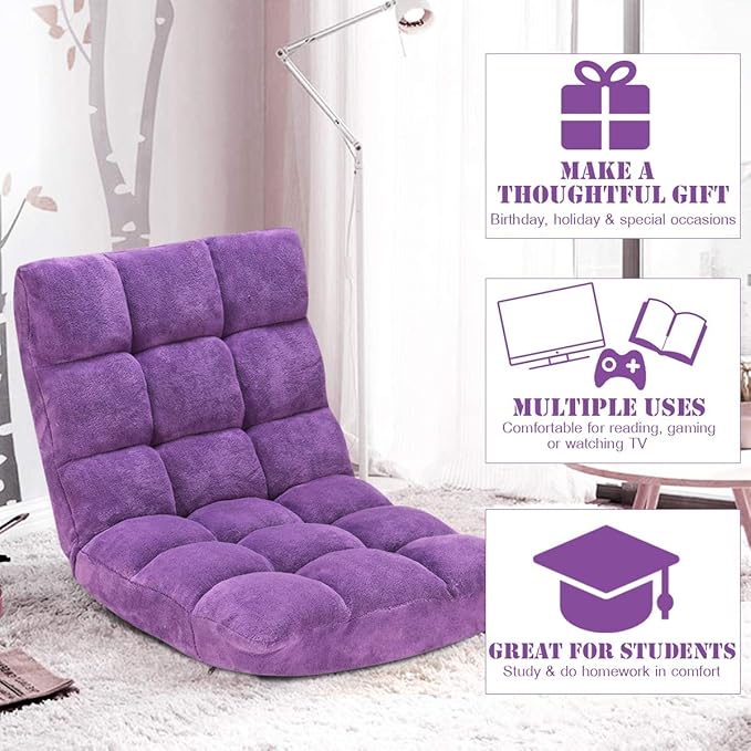 Giantex Floor Chairs for Adults - Floor Gaming Chair with Back Support, Coral Velvet, 14 Adjustable Position, Thick Sponge Padding, Floor Seating Lounge for Reading, Watching TV, Meditation (Purple)