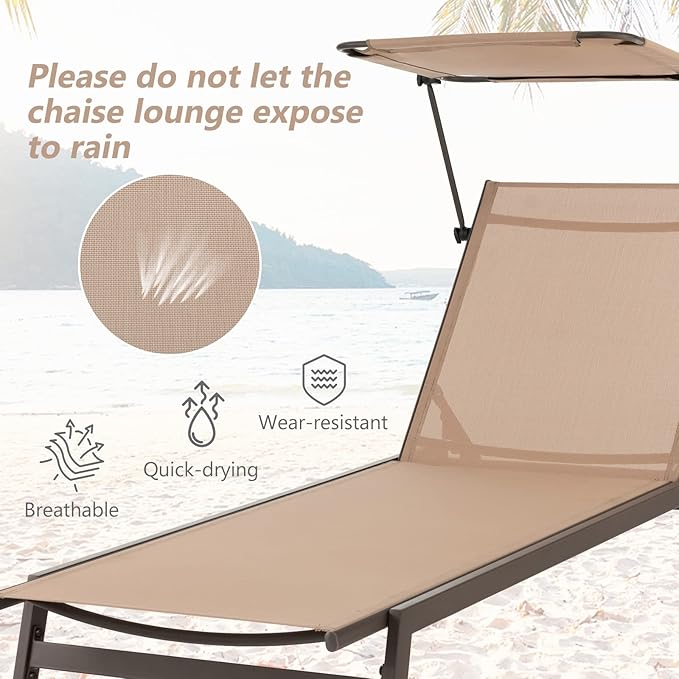 HAPPYGRILL Outdoor Chaise Lounge, 6-Position Recliner Lounger with Adjustable Sun Shade & Cup Holder, Adjustable Reclining Chair for Outside Beach Balcony Poolside