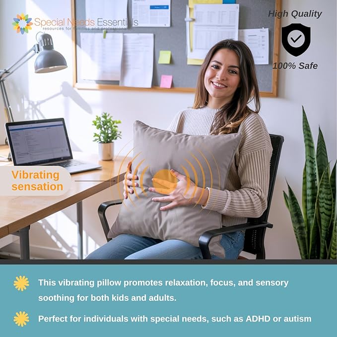 Special Needs Essentials FocusPad Throw Pillow – Gray Vibrating Sensory Cushion for Kids & Adults | Comfort, Calm & Focus for Sensory Needs and ADHD Portable Therapy Pillow