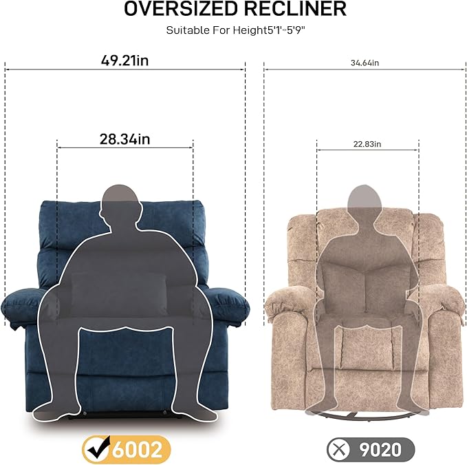 Oversized Recliner Chair Extra Wide Large Recliner for Adults 350lbs with Lumbar Support Pillow Nursery Chair Living Room (Manual, Blue-6002)
