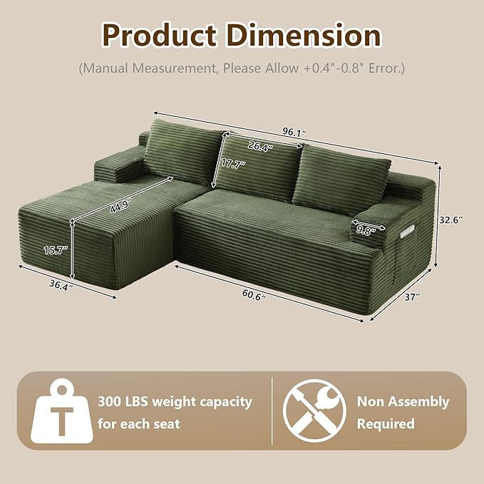 96.1" Modular Sectional Sofa Couches L-Shape Couch 3 Seat Modular Sofa Corduroy Memory Foam Sectional Boneless Couches for Living Room, Cloud Couch with Oversized Chaise(Green, Left Facing)