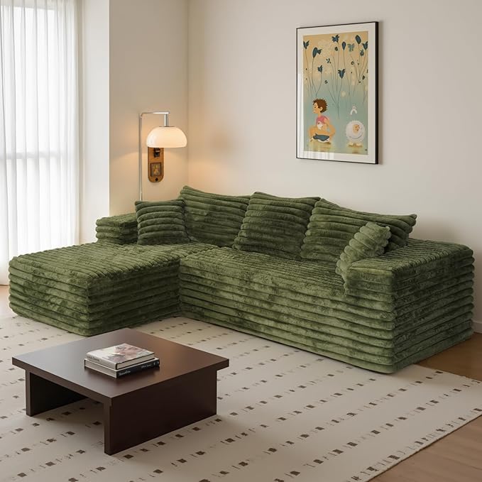 Sectional Cloud Boneless Couch for Living Room Bedroom, Comfy Modern L Shaped Modular Sofa with Left Facing Chaise, Deep Seat Memory Foam Couch in Box, No Assembly (Wide Striped Corduroy, Green)