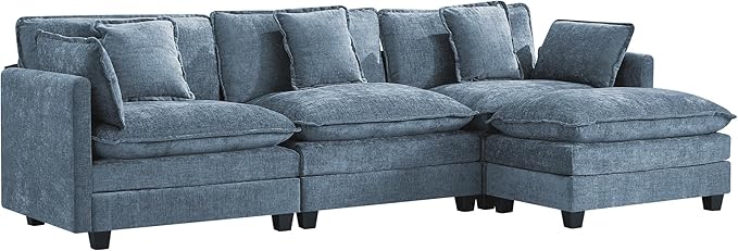 UMBFUN 3-Seater Cloud Couch with Ottoman, Oversized Comfy Modular Sectional L Shaped Sofa with Deep Seats, Chenille Couch for Living Room, Blue
