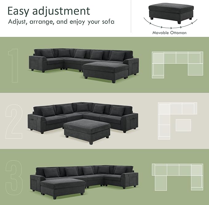 Furnimart 128" U Shaped Sectional Sofa, 5 Seat Chenille Couch Set with Oversized Chaise Lounge, Hidden Armrest Storage and Cup Holders, USB Charging Ports, Deep Seat Sofa for Living Room, Beige