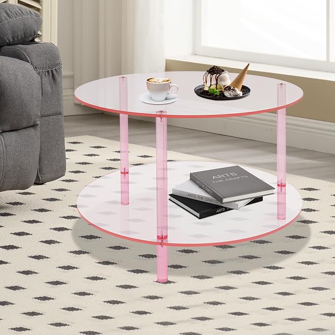 Xuthusman Modern Coffee Table，Acrylic Coffee Table 2-Tier Center Desk with Storage Minimalist Accent Desk Stylish Nightstand for Living Room Sofa Dorm Office（Pink）