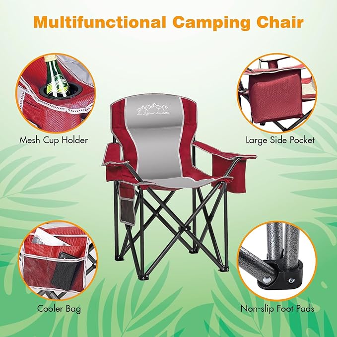 SAILARY 2PCS Folding Camping Chair Portable Outdoor Heavy Duty Padded Chairs Lawn Chair with Cup Holder, Storage Pocket and Cooler Bag, Supports 450LBS Red