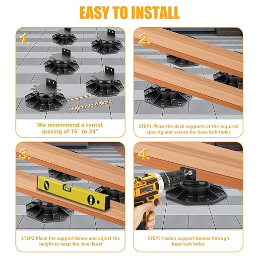 12 Pack Adjustable Deck Support Pedestal, Deck Foundation Base Support for Floating Deck Platform, Deck Floor Height Adjustment from 1-3/16" to 2-3/8", Matching Screws,Screwdriver & Joist Tape