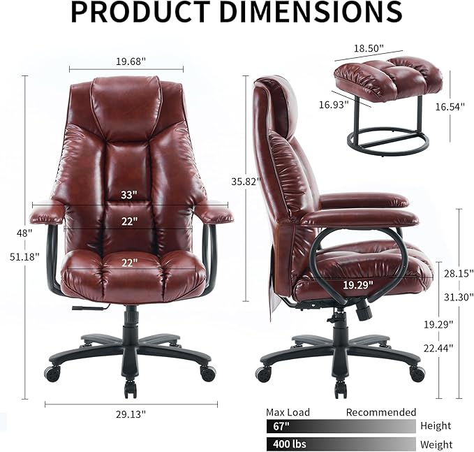 ATMILD Office Chair Big and Tall, High Back Ergonomic Office Chair with Padded Armrest, 400 lbs,PU Leather (Brown)