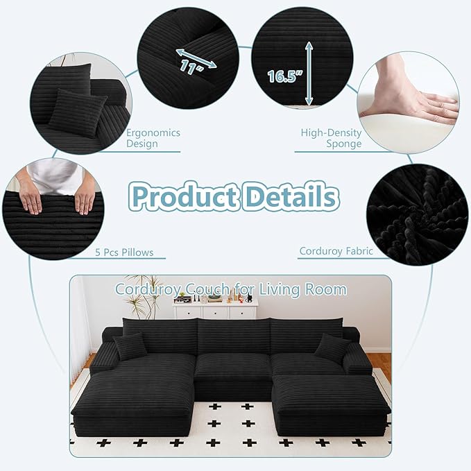 107" Cloud Sectional Couch with U-Shaped Chaise,Corduroy Viral Boneless Sofa with Ottoman,Memory Foam Couches in a Box with Deep Seat for Living Room,No Assembly Required(Jet Black,Left-Facing Chaise)