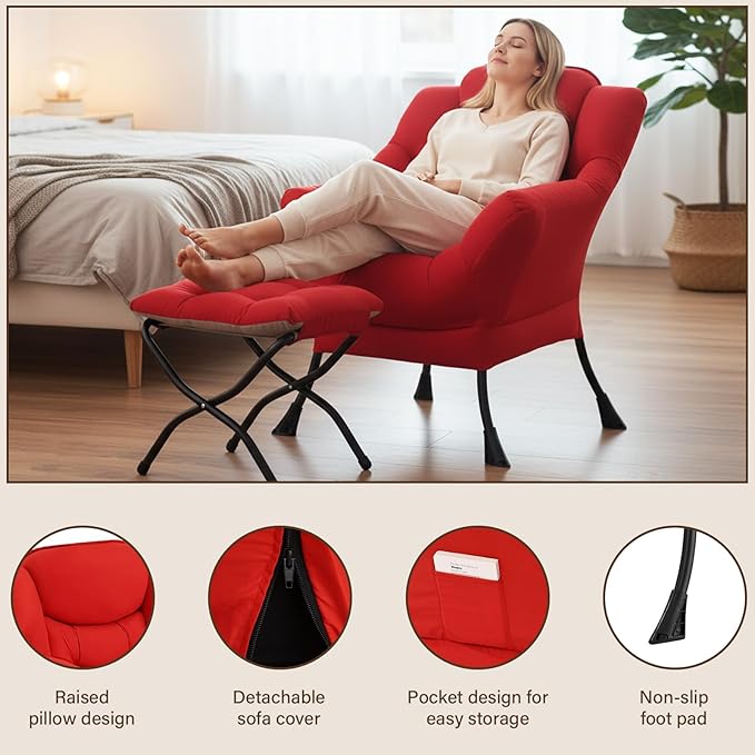 Welnow Lazy Chair with Ottoman, Modern Lounge Accent Chair with Armrests and a Side Pocket, Leisure Sofa Armchair Set, Reading Armchair with Footrest for Small Space, Red