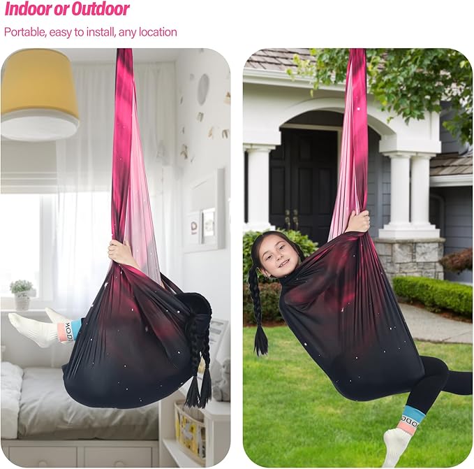 Sensory Swing for Kids Holds up to 300lbs Indoor & Outdoor Therapy Cuddle Swing with Hammock Hooks Hanger Kit for Calming, Effect for Autism, ADHD or SPD. (Space Pink)