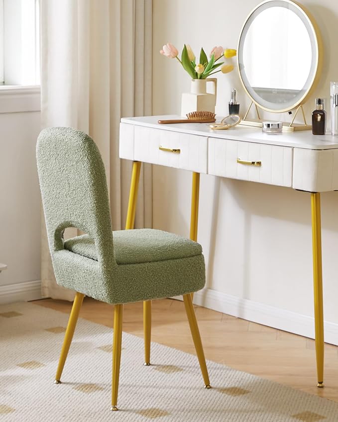 IBUYKE Small Storage Vanity Stool with Folding Backrest, 12.99" x 13.78" x 31.5" Square Teddy Velvet Ottoman, Makeup Chair for Living Room, 4 Metal Legs with Anti-Slip Feet, Green WBD027D