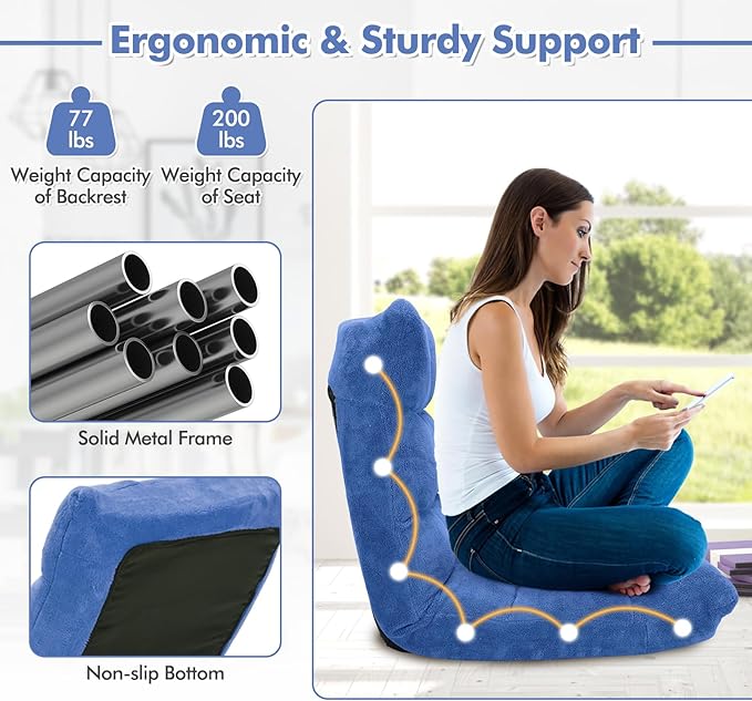 GOFLAME 14-Position Folding Floor Chair, Padded Gaming Lazy Sofa Chair with Adjustable Backrest, Couch Recliner, Sleeper Bed Lounge Chair for Reading, Gaming, Meditating (Blue)