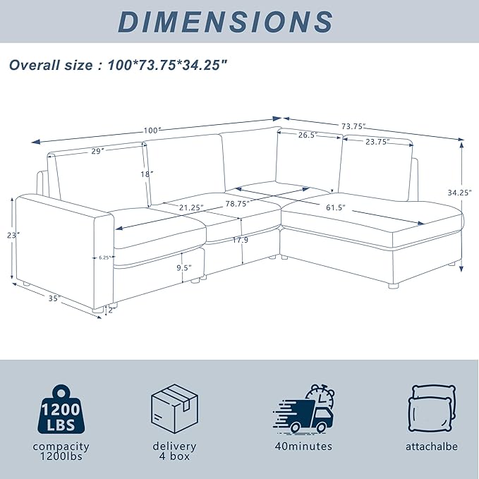 Mofolit 100“ L Shaped Couch with Reversible Chaise Sectional Sofa Corner Couches for Living Room,Apartment and Compact Spaces (Grey)
