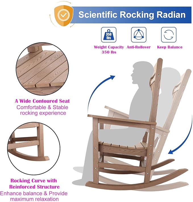 hOmeHua Rocking Chair, All-Weather Oversized Outdoor Indoor, Patio Fade-Resistant Porch Rocker Chairs, Durable Smooth Rocking,Comfortable Easy to Assemble, Low Maintain (Wood Color)