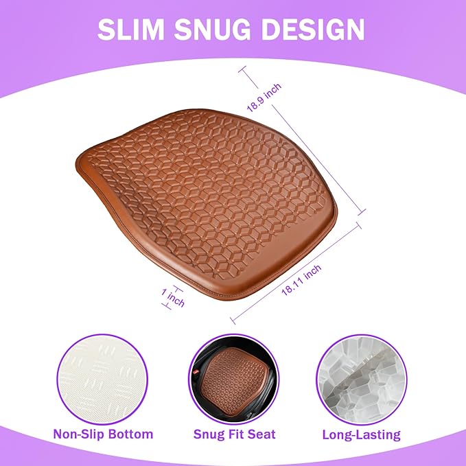 Binsheo Thin Gel Seat Cushion for Car Seat, Office Chair, Wheelchair, Golf Cart - Non-Slip Car Seat Cushions with 0.7 Inch Gel - Sciatica & Coccyx Pain Relief (Leather, Brown)