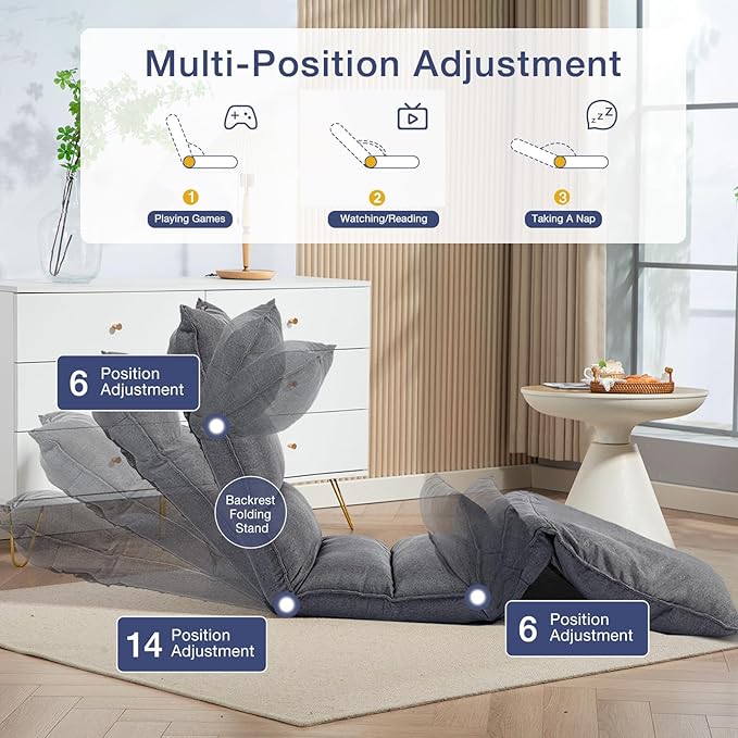 KAGMII Fabric Folding Floor Chair - 14-Position Adjustable Recliner for Reading, Gaming, and Ultimate Relaxation - Sleek Modern Design for Bedroom or Living Room (087 Gray)