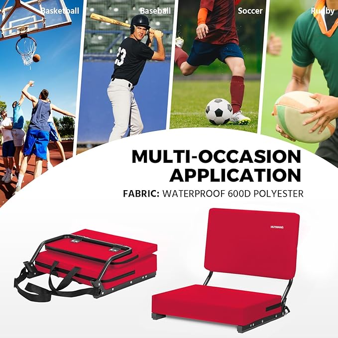 HUTMANG Stadium Seating for Bleachers, Wide Stadium Seats for Bleachers with Back Support,Portable Stadium Seat Folding Padded Comfort Stadium Chair with Shoulder Strap,Perfect for Sports Events(Red)