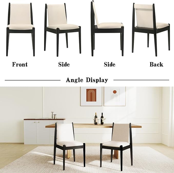 DUOMAY Modern Upholstered Linen Beige Dining Chairs Set of 2, Wooden Armless Chairs with Padded Seat Cushion and Sturdy Frame for Dining Room, Restaurant, Living Room, Kitchen, Black Leg