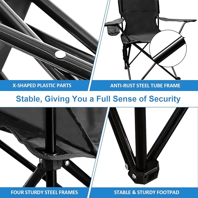 SAILARY Folding Camping Chair with Cup Holder and Cooler Bag, 225lbs Capacity, Upgraded Portable Foldable Chair with Heavy Duty Steel Frame for Outdoor, Beach, Fishing, Backpacking, Black 2PCS