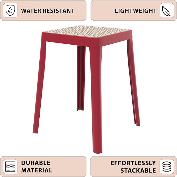 LeisureMod Tresse Mid-Century Modern Square Plastic Dining Stool Set of 2, Stackable Accent Stools with Breathable Seat, Lightweight Seating for Kitchen, Dining Room, Bedroom, or Entryway (Pink)