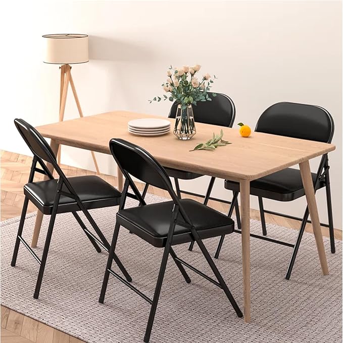 Folding Chairs with Padded Seats,Portable Foldable Chairs Seat with Steel Frame for Home and Office, Wedding Party Events, Black, Set of 4