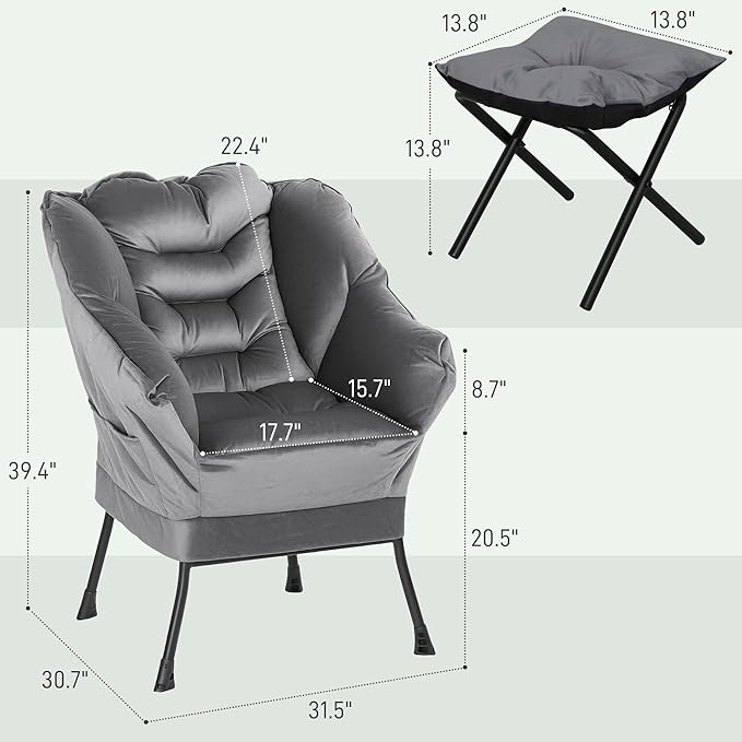 HOMCOM Modern Lazy Chair with Ottoman, Fabric Lounge Accent Chair, Leisure Sofa Armchair with Armrests, Side Pockets, Upholstered Reading Chair and Footstool Set for Living Room, Bedroom, Gray