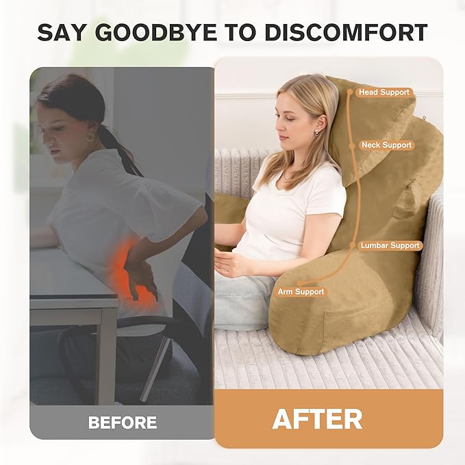 Unisakey Portable Reading Pillows with Headrest for Bed Sitting Up(Camel Oeko-Tex), Velvet Back Pillow with Arms & Pockets for Adults, Support Memory Foam Bed Pillow for Dorm/Reading/Watching/Gaming