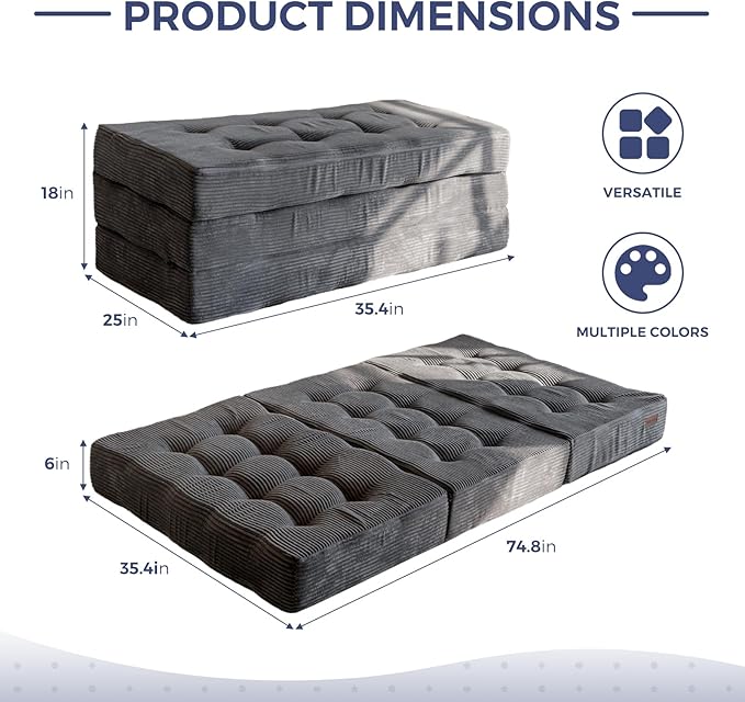 MAXYOYO Tri-Fold Mattress, 6 Inch Tufted Folding Futon Foam Bed, Foldable Floor Mattress Guest Bed Futon Topper Portable Camping Sleeping with Corded Fabric, Dark Grey, 35.4"x75"