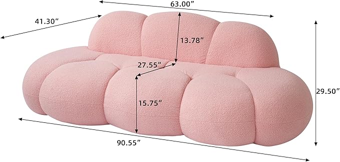 WJShome 90" Boucle Sofa, Modern Curved Upholstered Cloud Couch, Deep Seat LoveSeat 3 Seater Sofa, Cozy Modern Boneless Sherpa Fleece Couches for Living Room, Bedroom, Apartment (Pink)